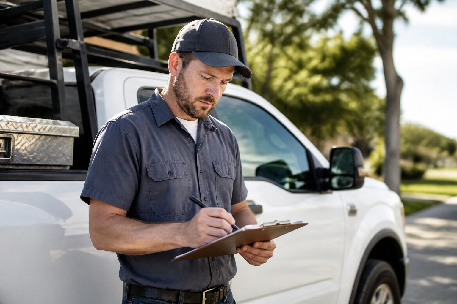 Contractor calculating marketing budget revenue percentages on a clipboard in front of a service truck.