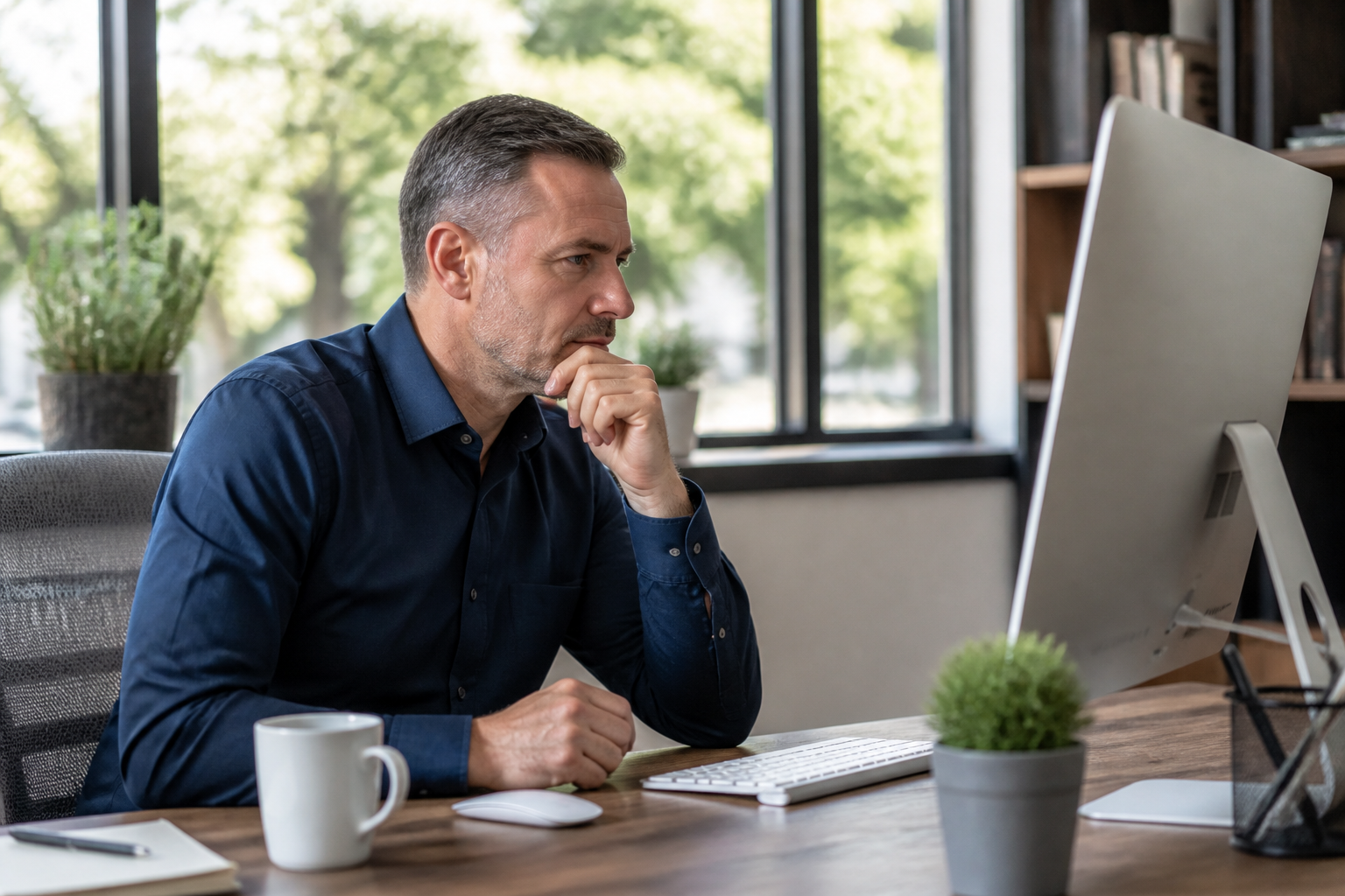 Independent insurance agent reviewing exclusive inbound lead information on a desktop computer in a genuine modern agency office
