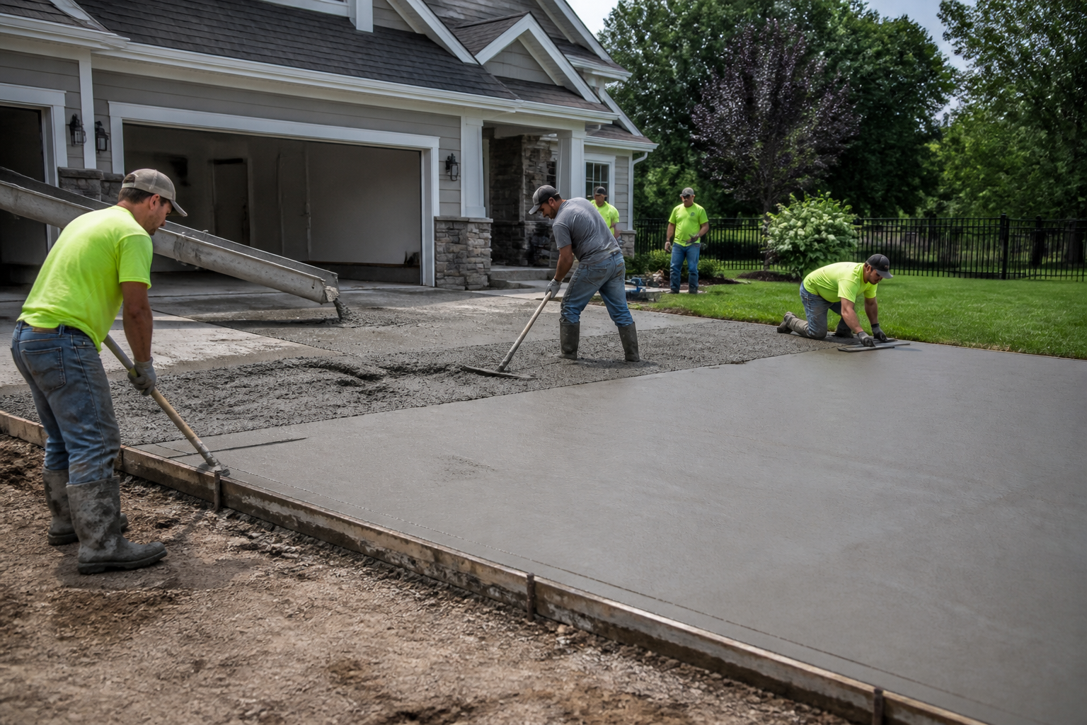 Concrete crew pouring and finishing a high-ticket residential concrete driveway
