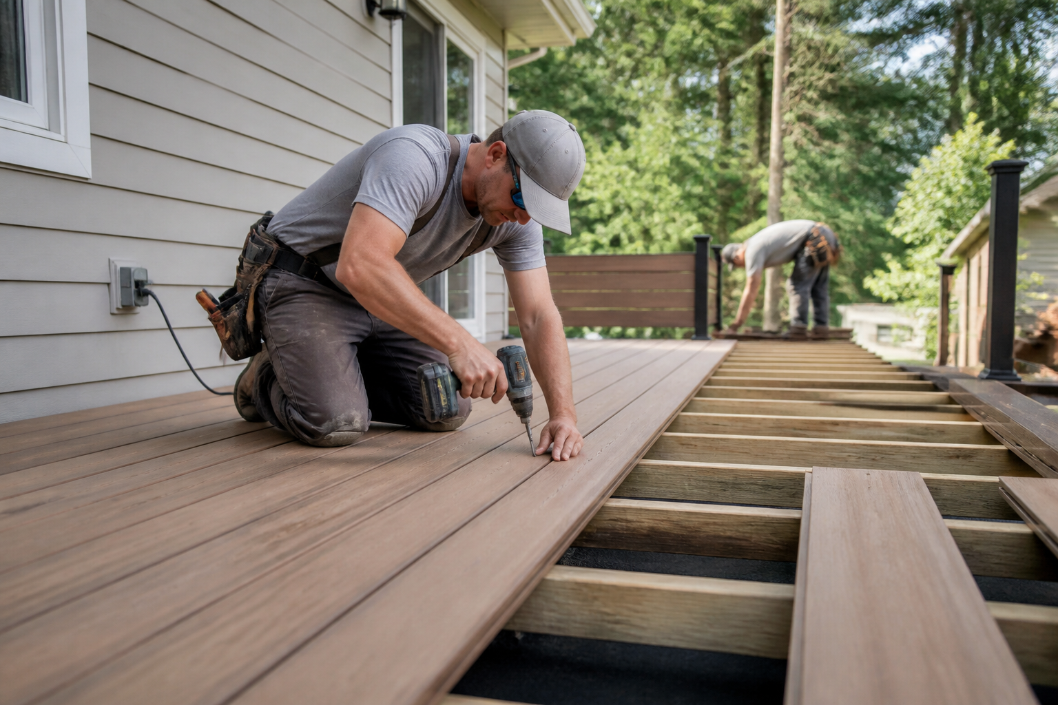 Deck contractor building a modern custom composite deck on a residential home