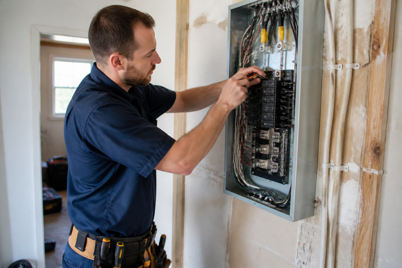 Electrician installing an electrical panel upgrade for a residential home service job.
