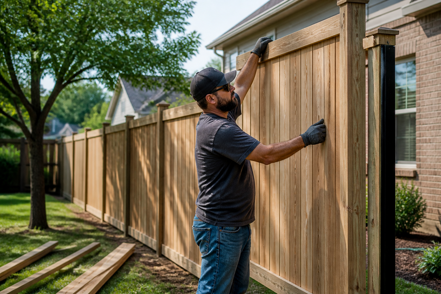 Professional fence installation contractor placing wooden privacy panel in suburban residential yard