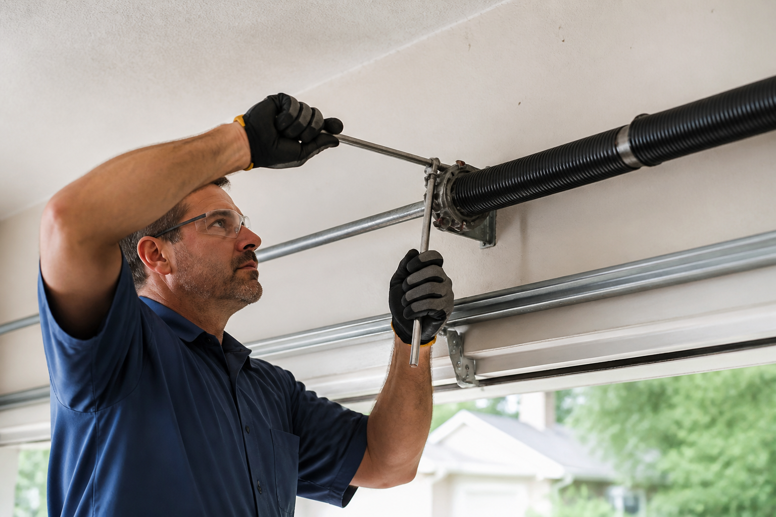 Garage door technician performing emergency torsion spring repair on a residential door