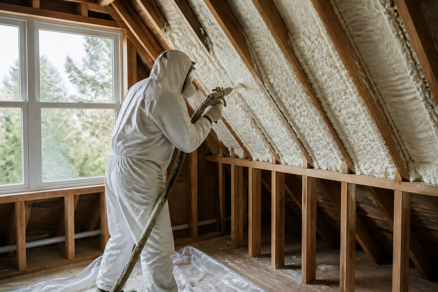 Insulation contractor applying spray foam insulation in a residential attic retrofit.