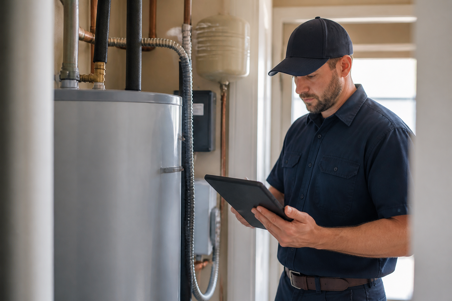 Licensed plumber inspecting a residential water heater while checking service dispatch details on a tablet