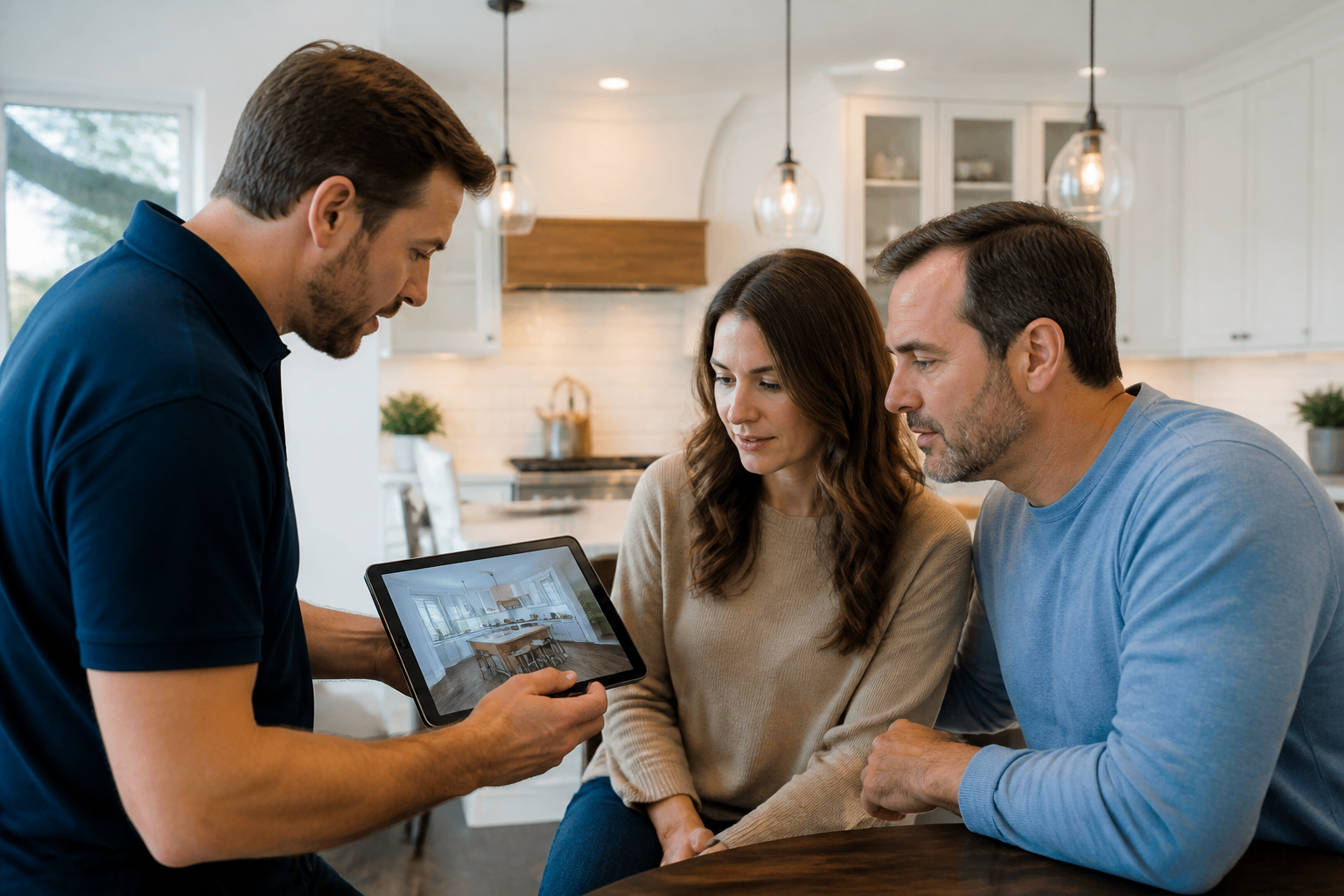 Remodeling contractor discussing kitchen design plans with homeowners on a tablet