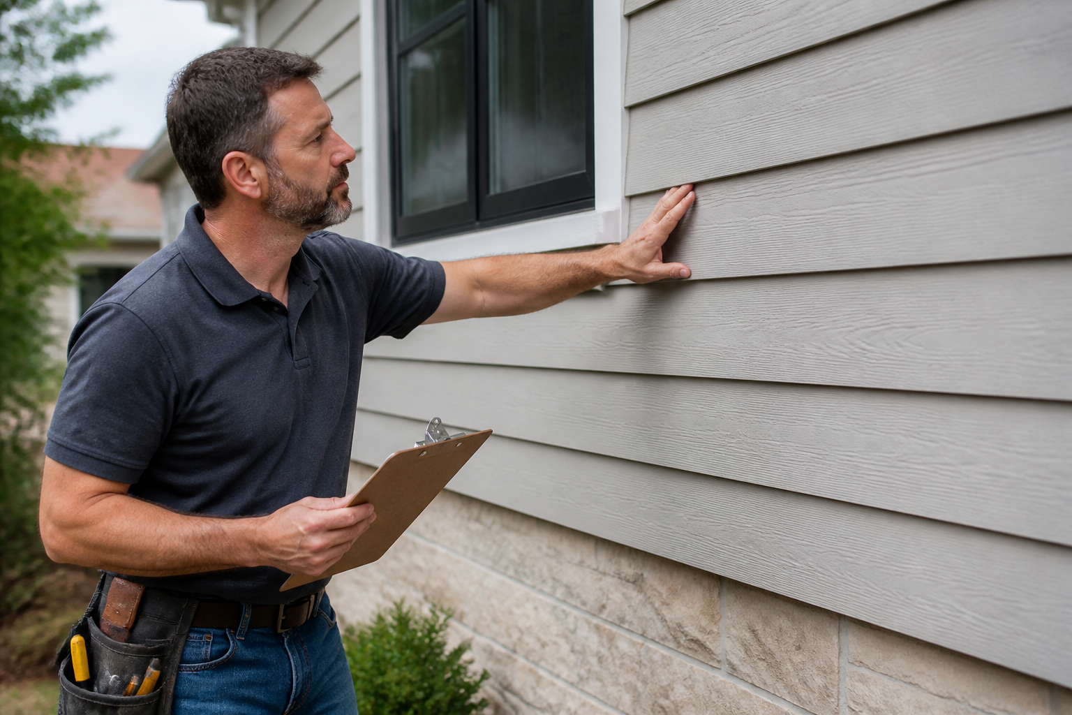 Siding contractor inspecting fiber cement siding replacement job on residential home