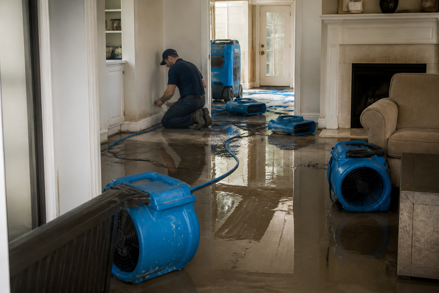 Water damage restoration equipment deployed inside a flood-damaged property