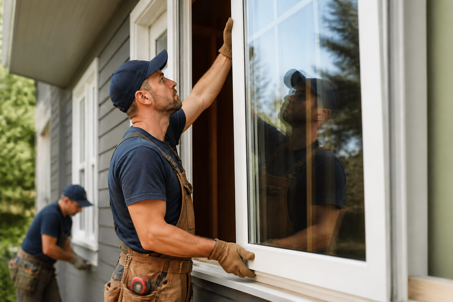 Window replacement installation team installing energy efficient double pane windows on a residential home.