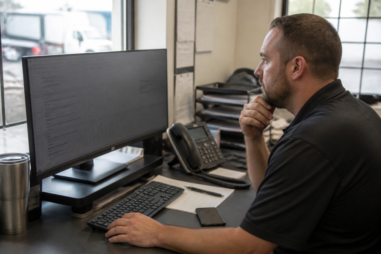 Contractor dispatch manager reviewing inbound calls and web form leads on desktop dashboard.