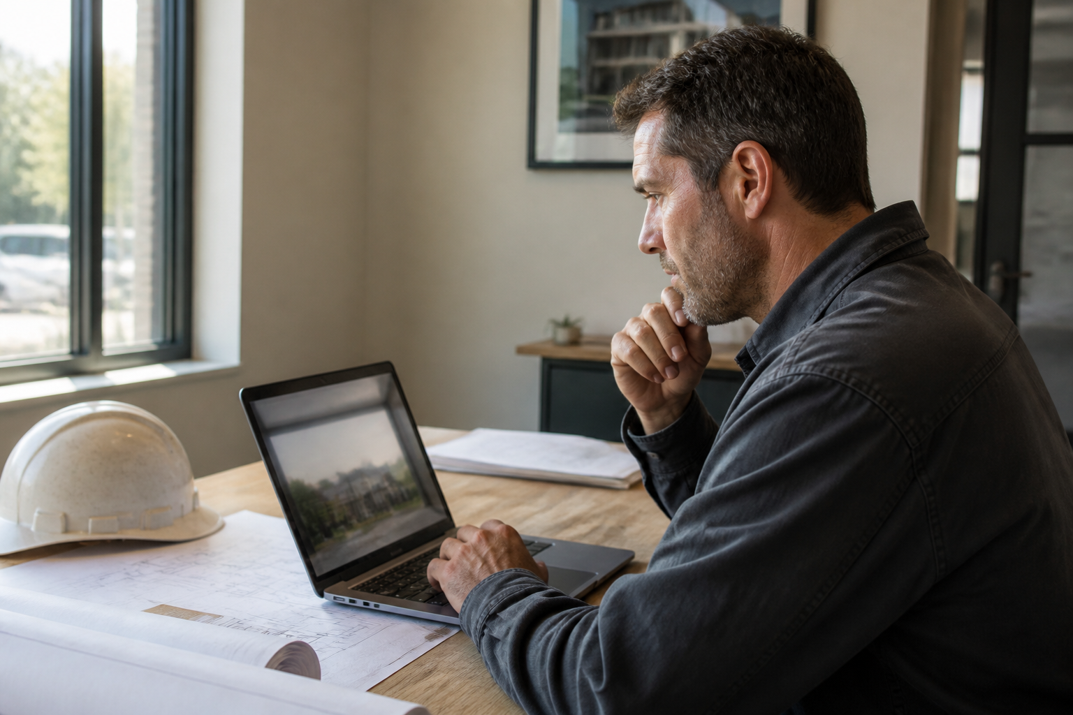Contractor reviewing a transparent pay-per-lead credit policy dashboard on a laptop