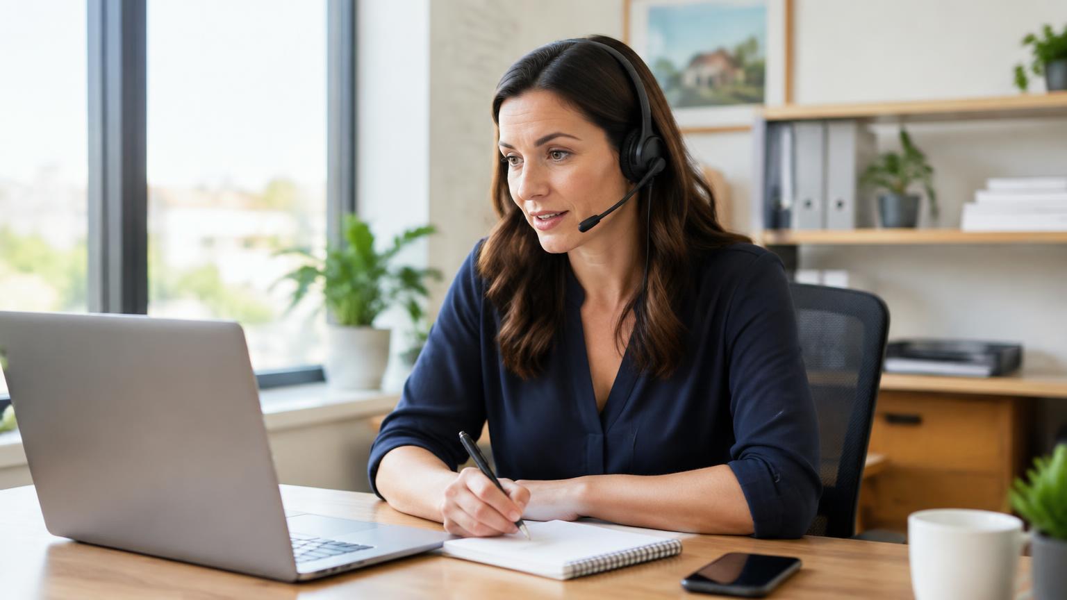 An office manager wearing a headset taking notes while calling a new lead from a home services office.