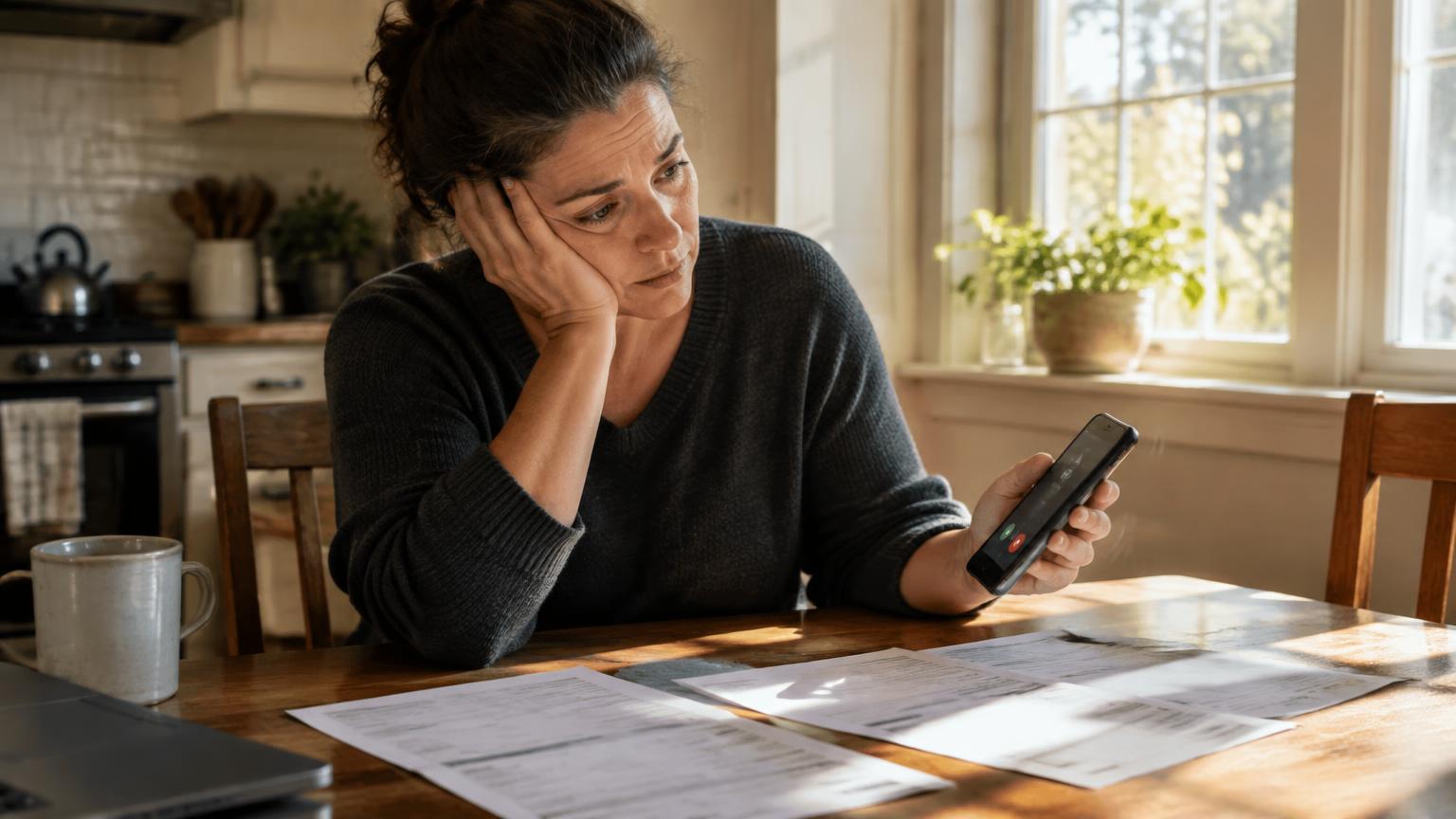 A homeowner at her kitchen table holding a ringing phone with several contractor estimates spread in front of her.