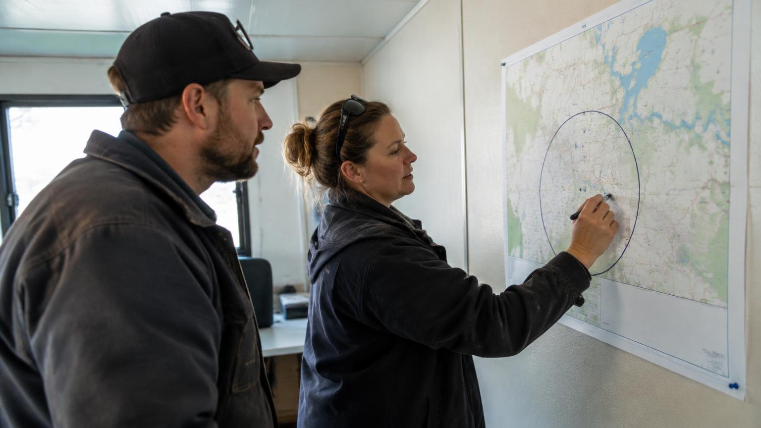 Two contractors marking a service radius on a regional map pinned in a job site trailer office.