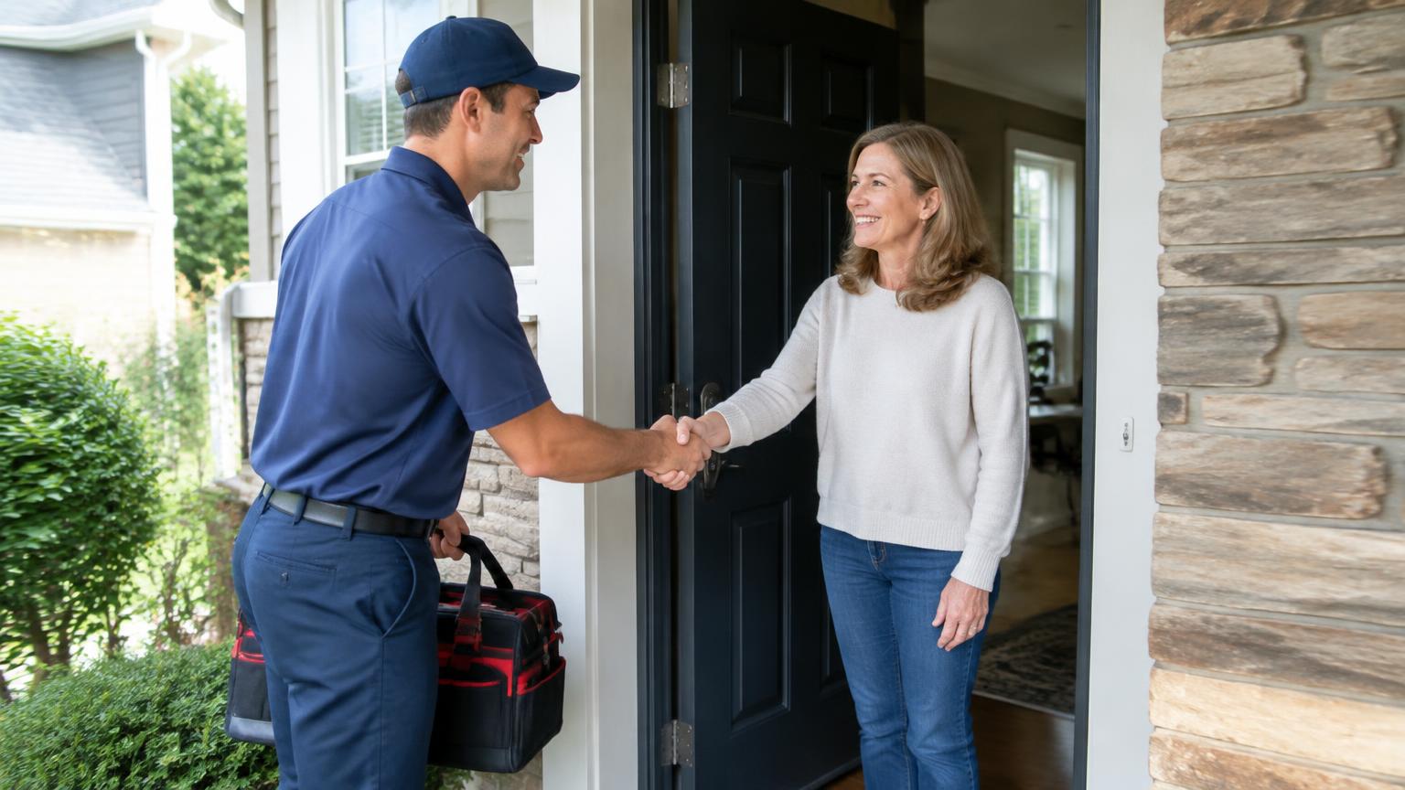 A uniformed technician shaking hands with a homeowner at her front door with a tool bag in hand.