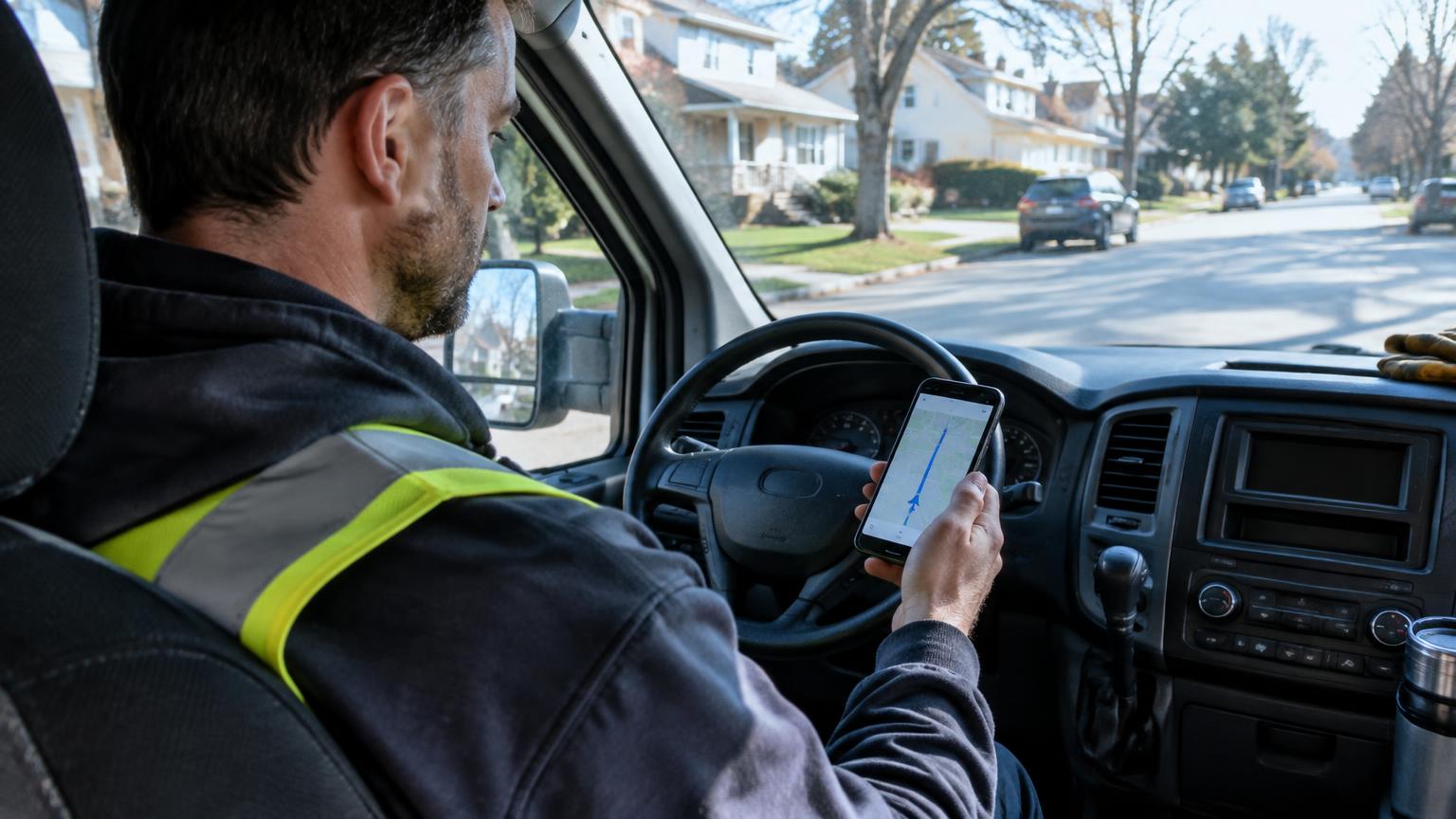 A service technician in a work van checking a map on his phone on a residential street.