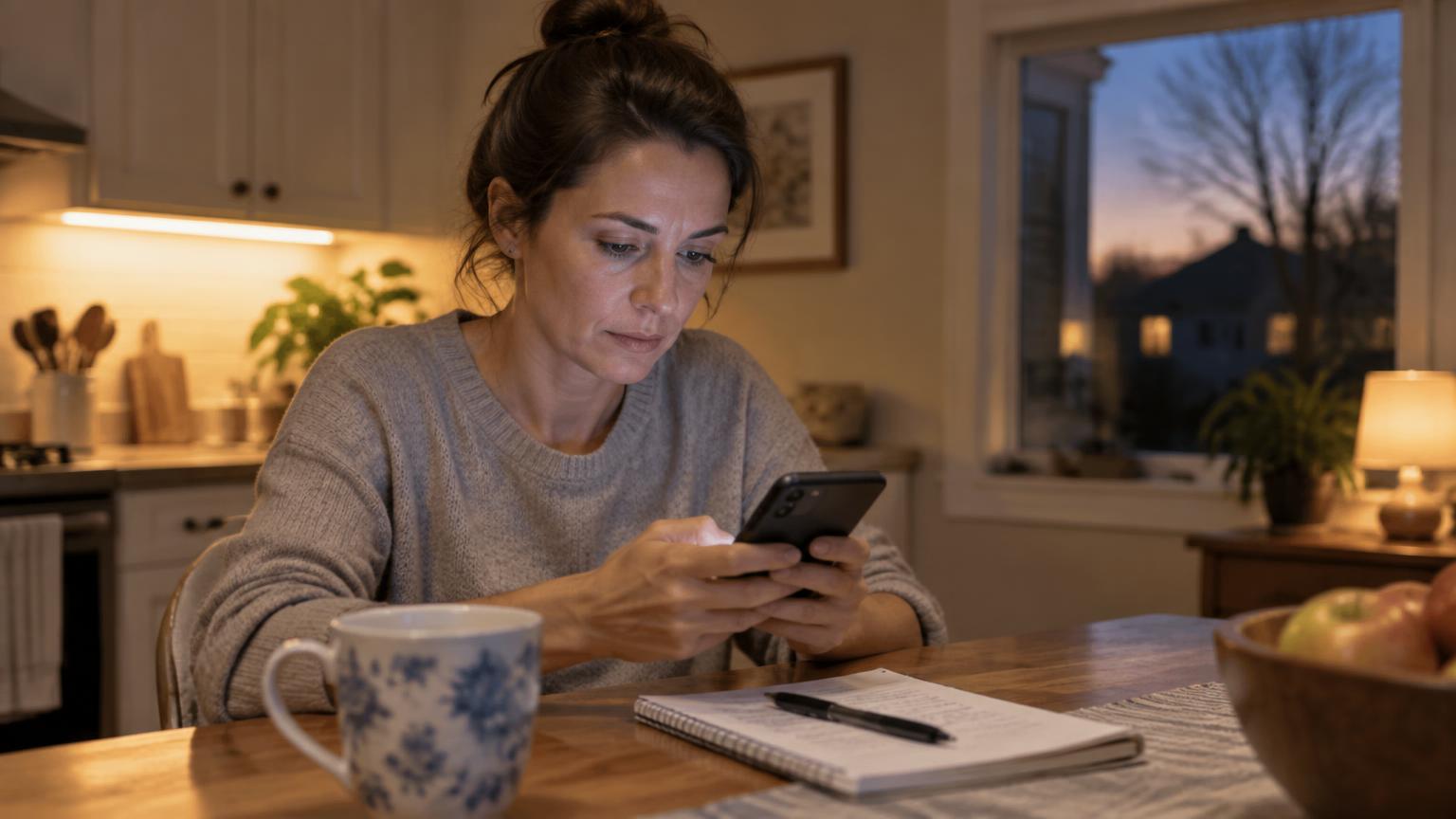 A homeowner at her kitchen table in the evening, searching for a local service on her smartphone with a notepad beside her.