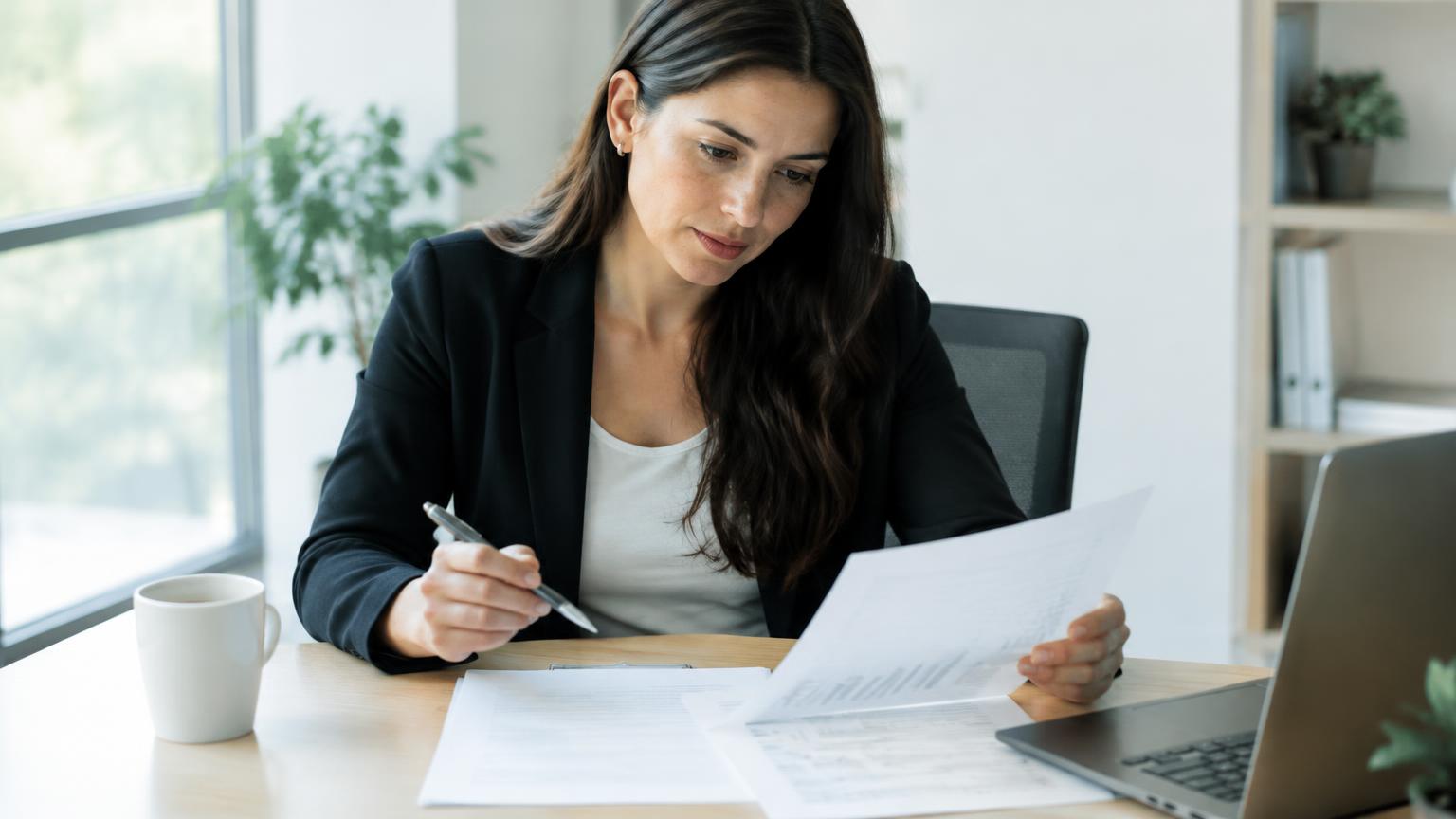 A business owner at a desk reviewing a printed lead report and signed agreement.