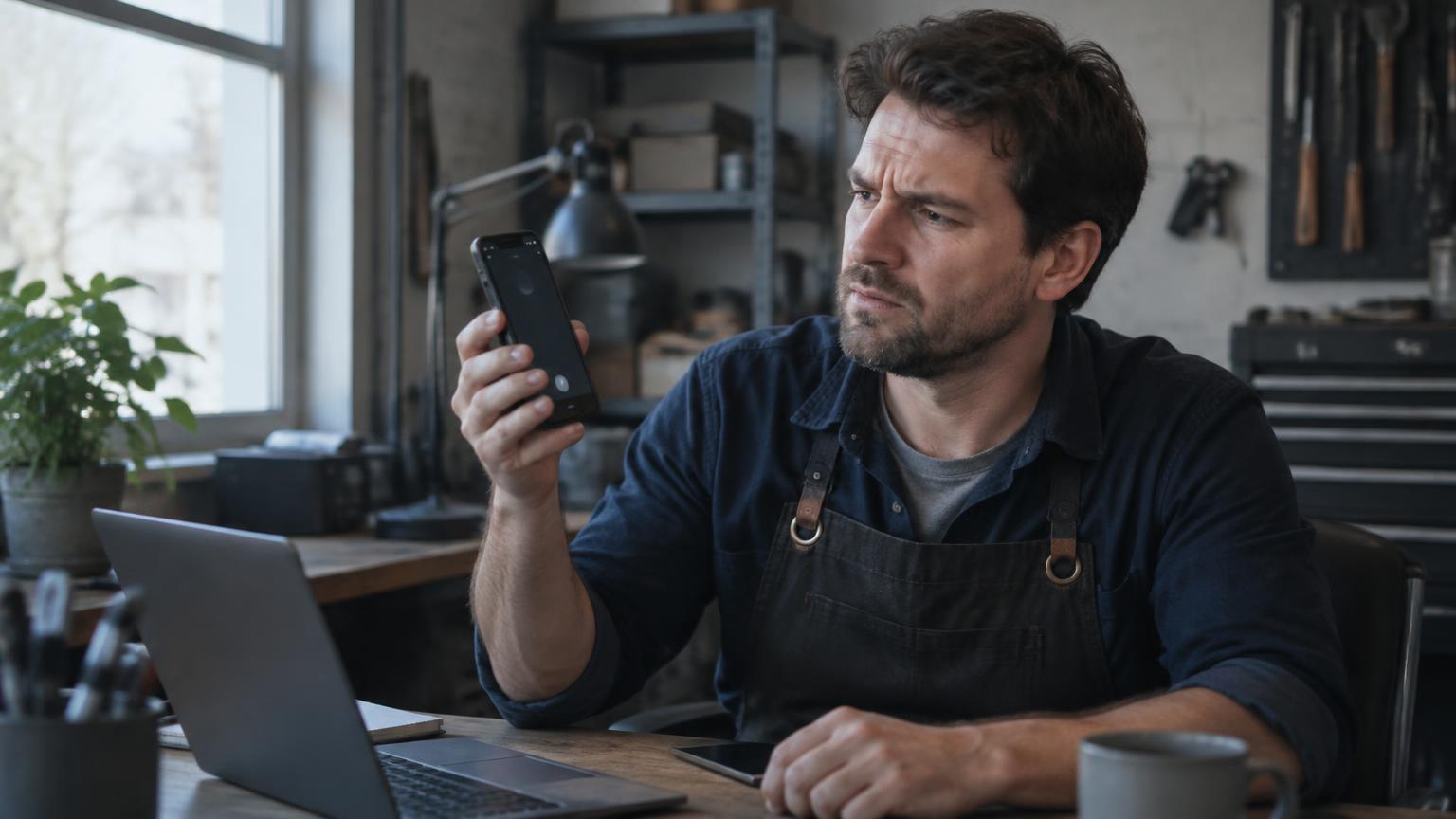 A business owner at his desk staring at a call on his phone that will not connect.