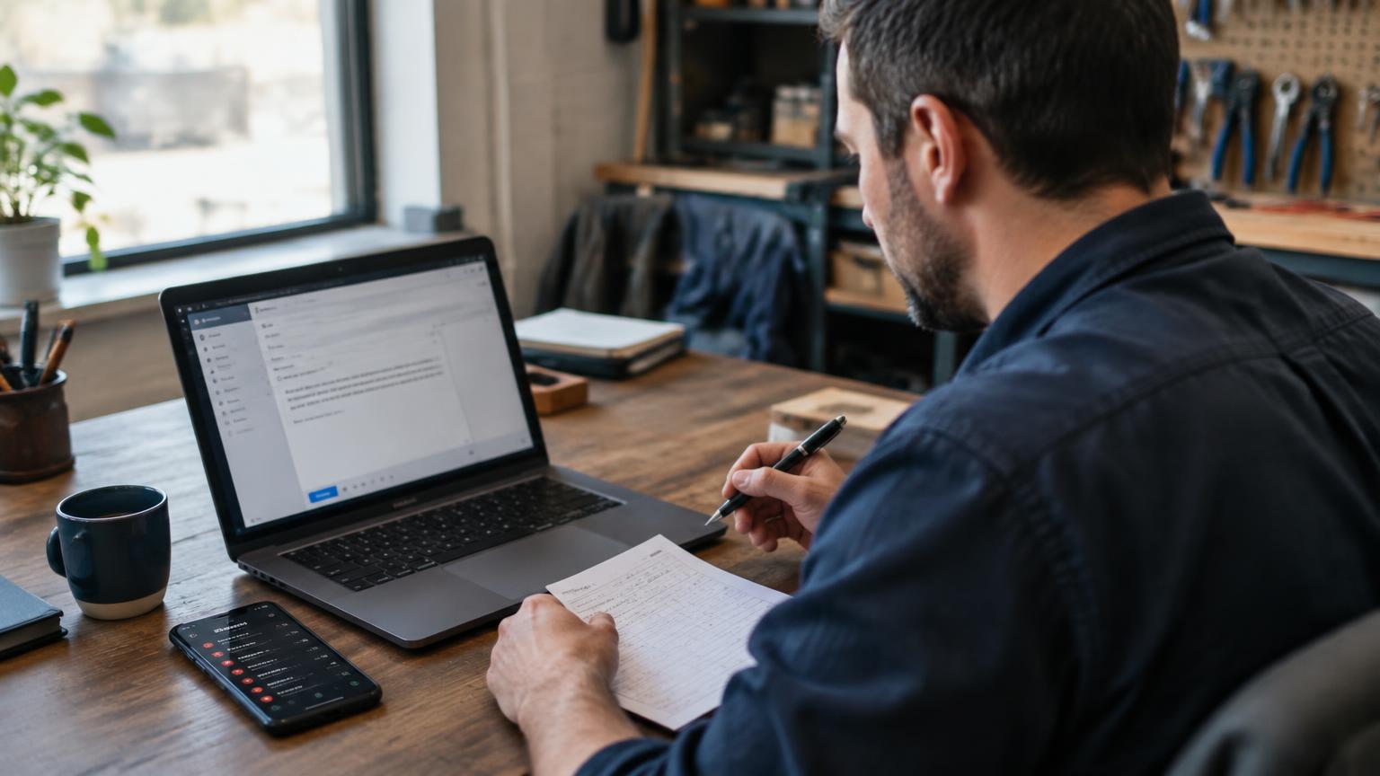 A business owner at his desk drafting a short email to report a bad lead, with a phone showing a missed-call log beside the laptop.