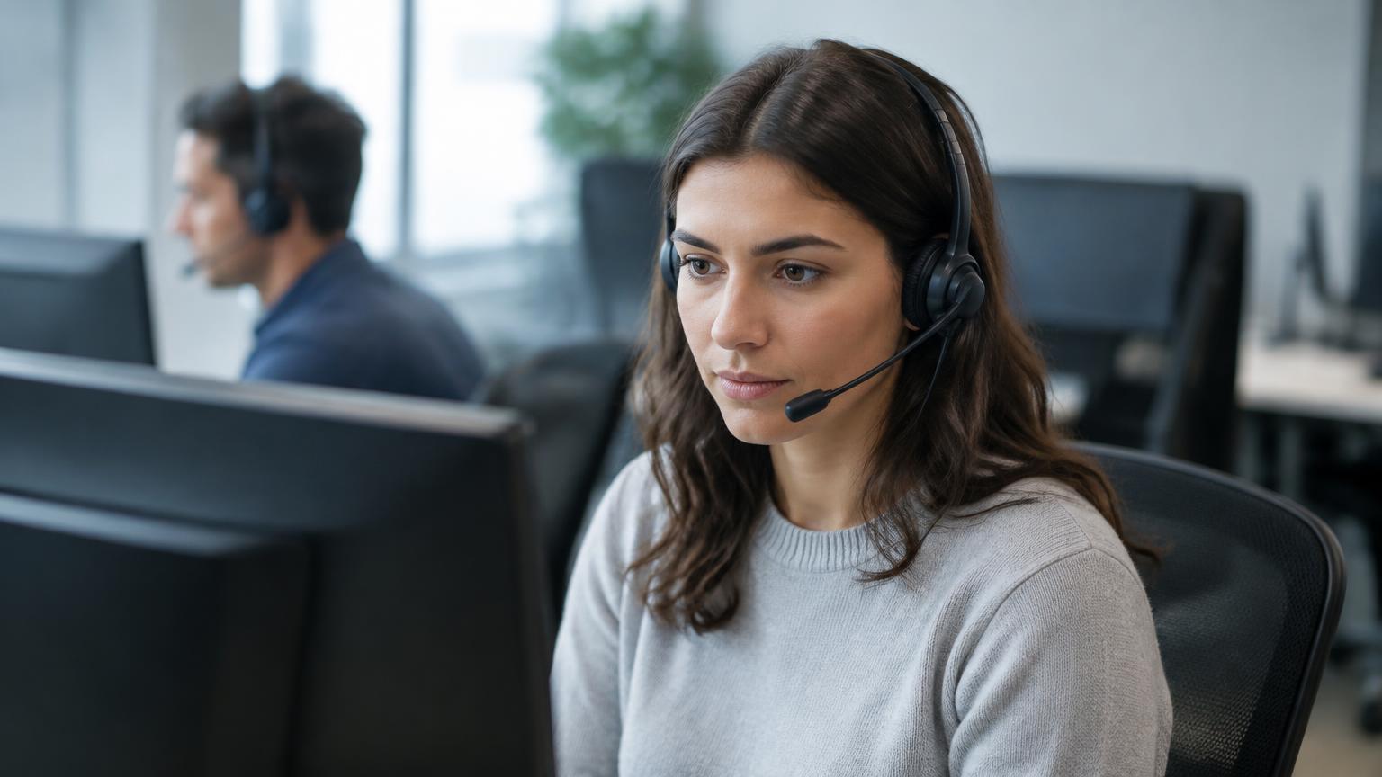 A call center representative wearing a headset verifying customer details on a computer.